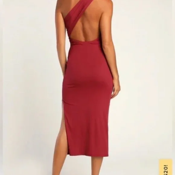 NWT Lulus Pure Attractions Burgundy One Shoulder Ribbed Midi Dress - Picture 3 of 8